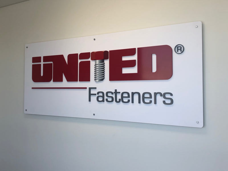 3d acrylic reception sign white background painted and digital print 3d letters united fastners